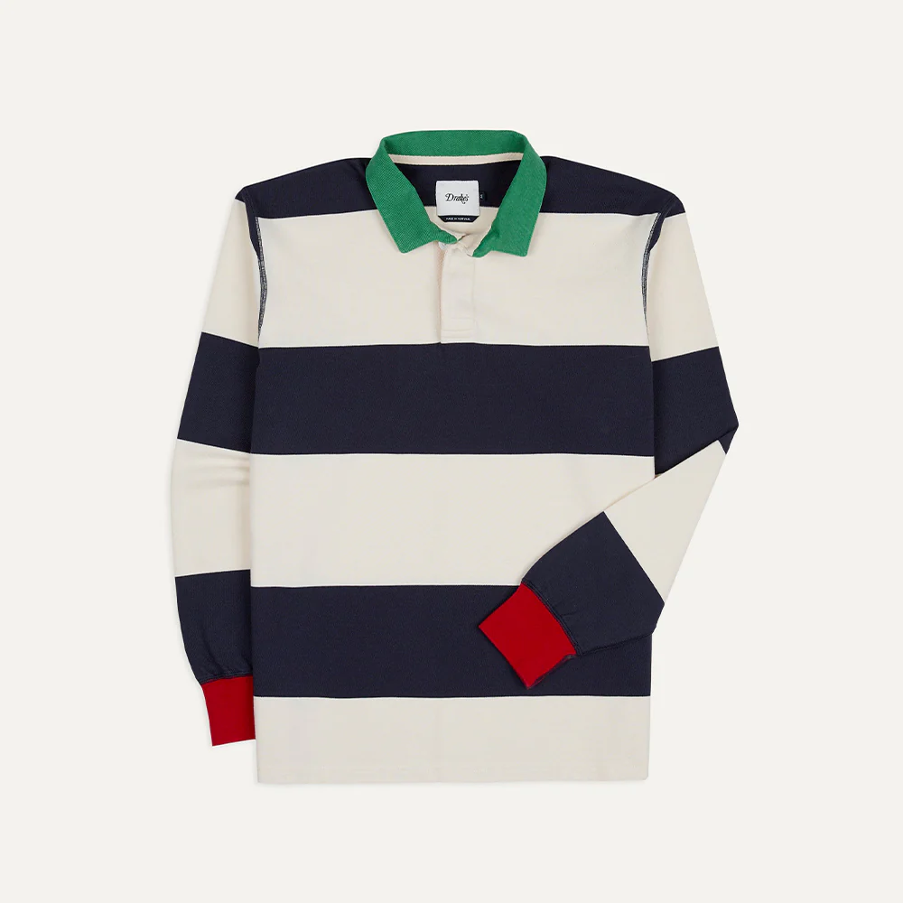 Drake's - Polo Rugby Rayé - Blanc Marine