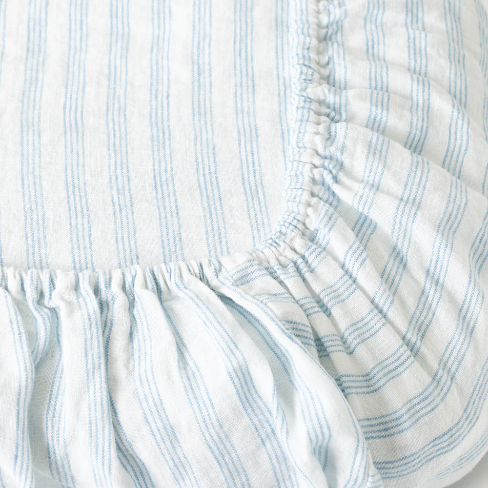 Drap-housse en lin lavé - Rayures Pinceau Bleu Primaire - Image 3