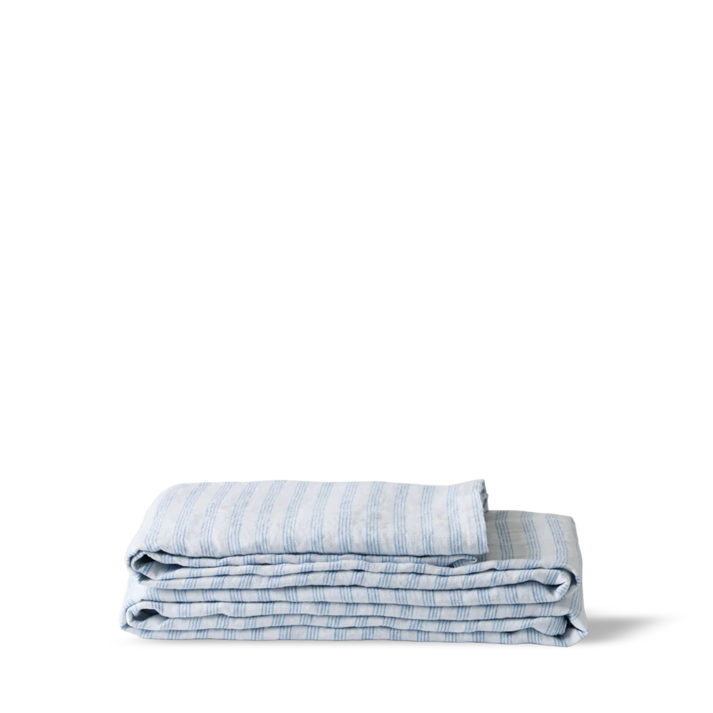 Drap plat en lin lavé - Rayures Pinceau Bleu Primaire - Image 4
