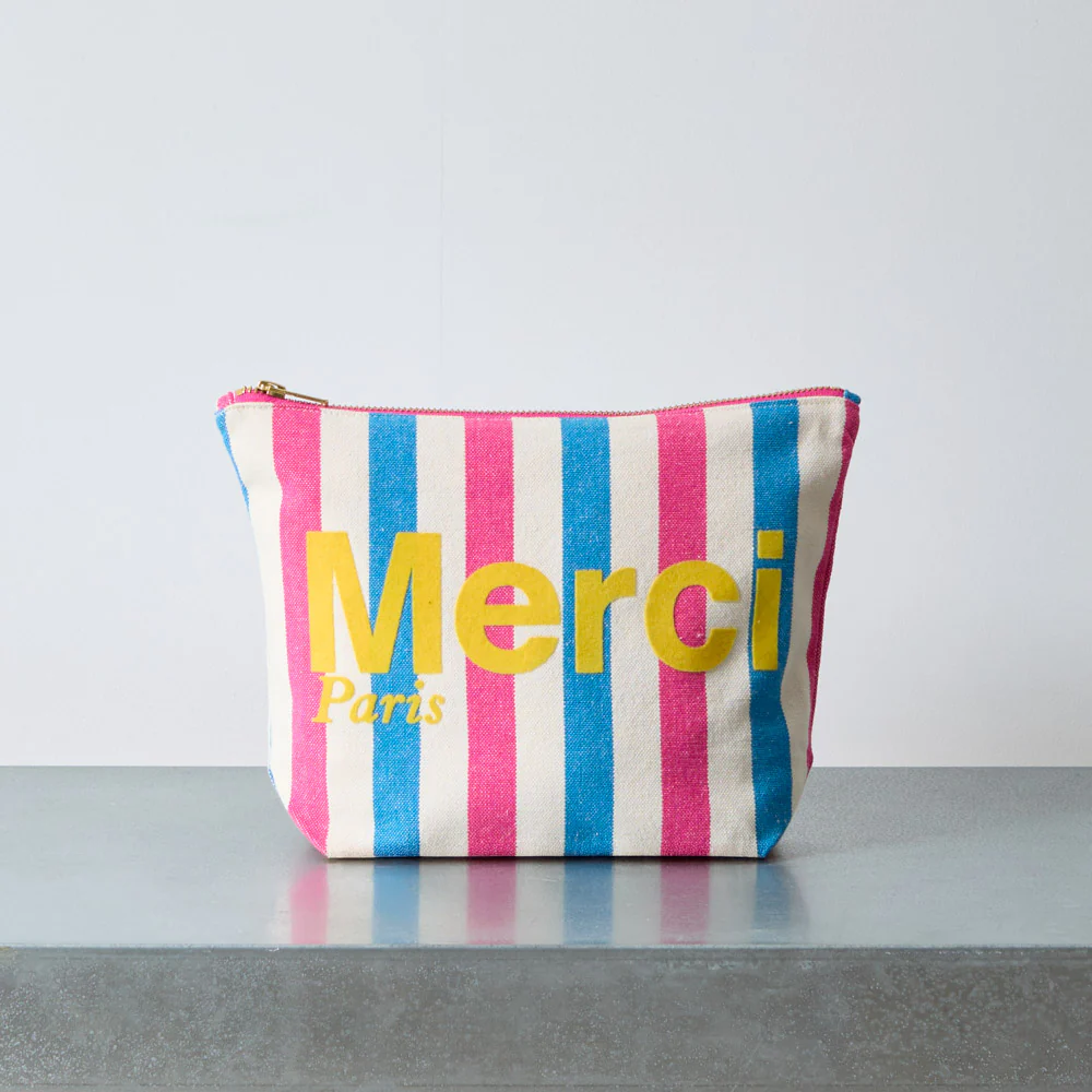 Merci - Pochette en coton rayé - Rose & Bleu