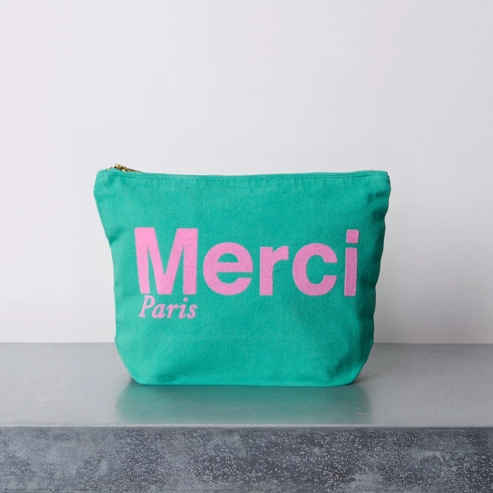 Merci - Pochette en coton - Vert & Rose