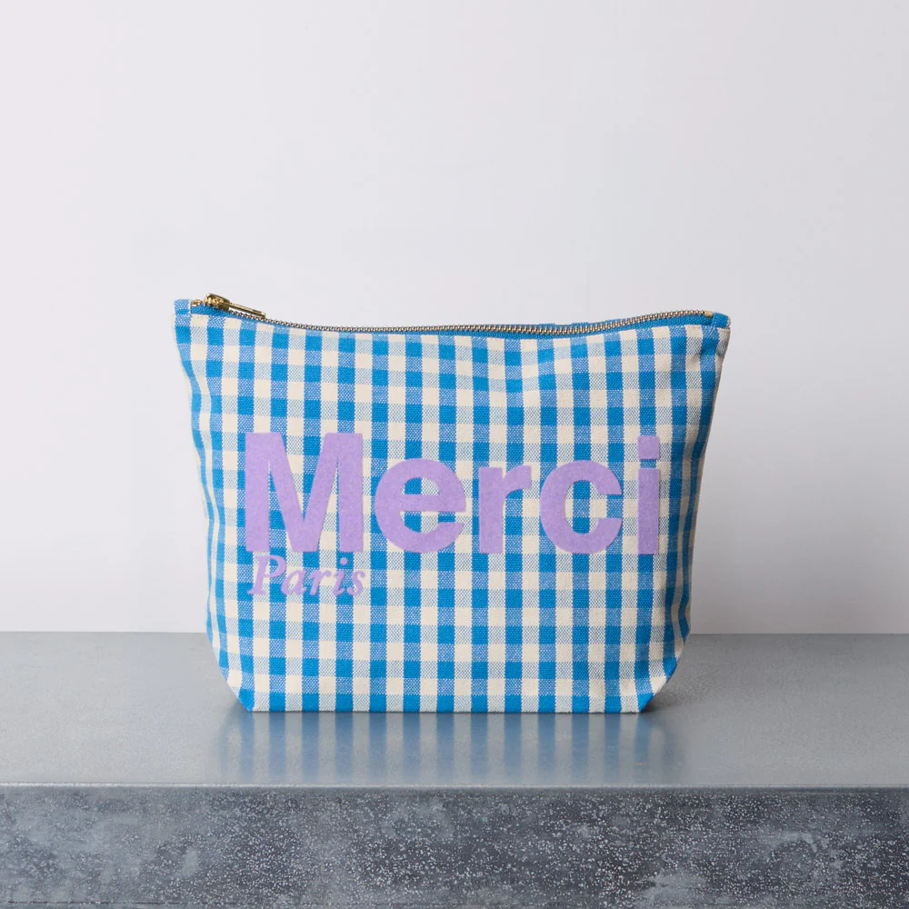 Merci - Pochette en coton Vichy - Bleu & Ecru