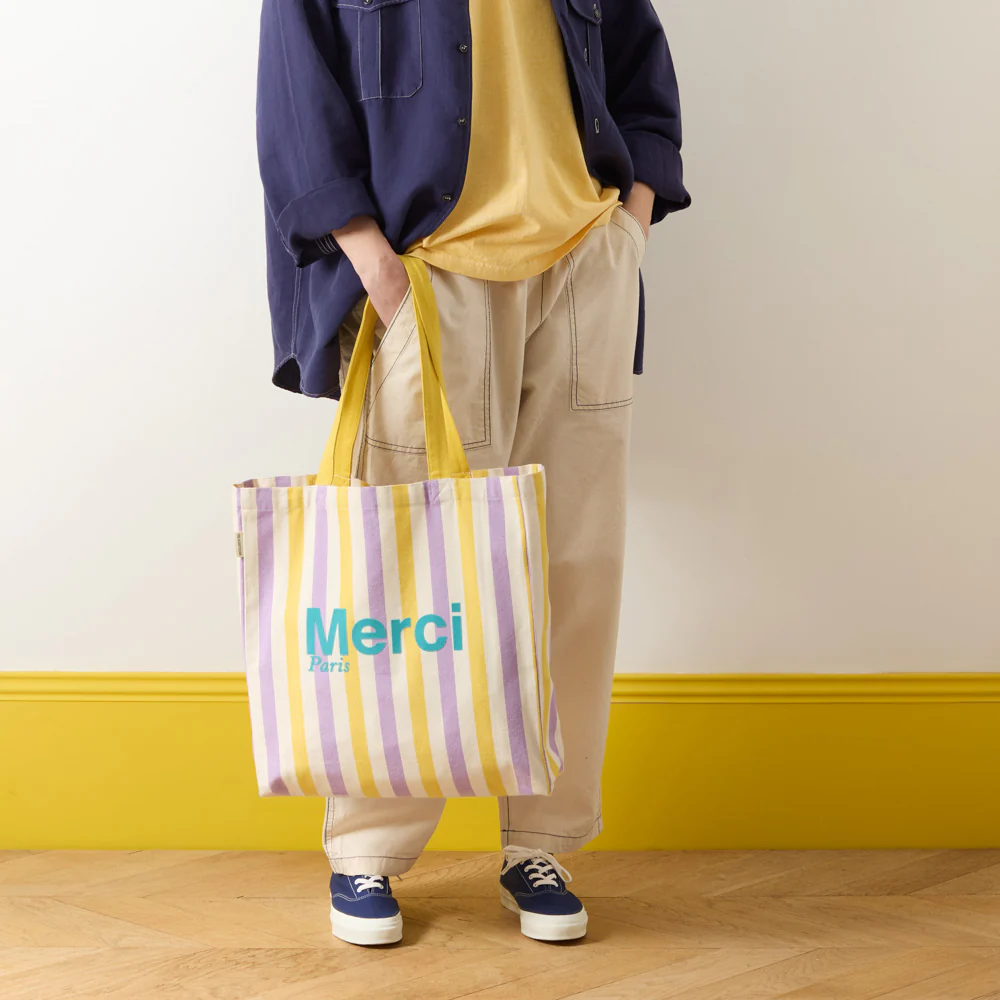 Merci - Tote Bag en coton rayé - Lila & Banane - Image 2
