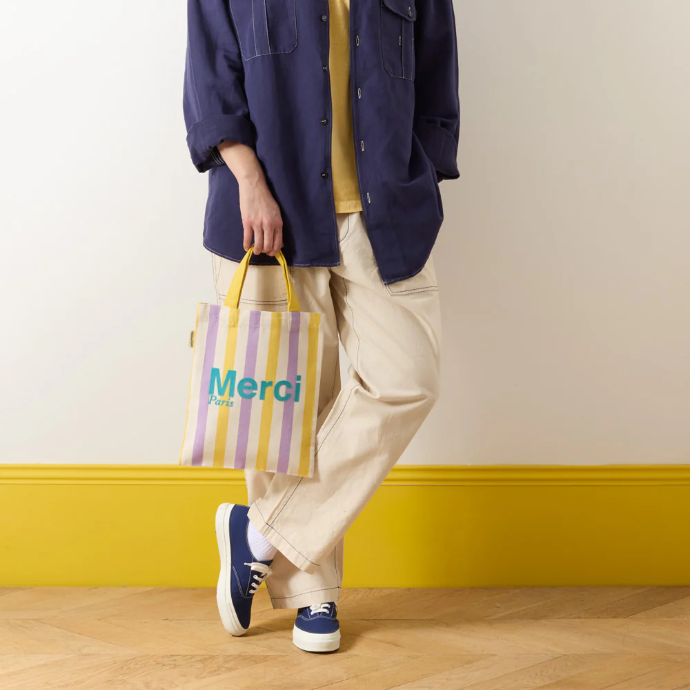 Merci - Tote Bag en coton rayé - Lila & Banane - Image 3