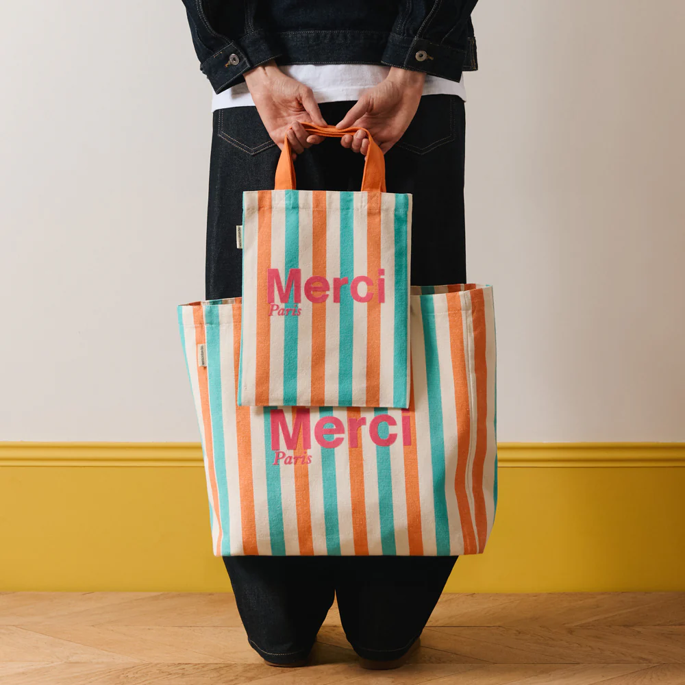 Merci - Tote Bag en coton rayé - Turquoise & Abricot