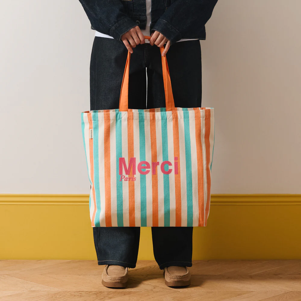 Merci - Tote Bag en coton rayé - Turquoise & Abricot - Image 2