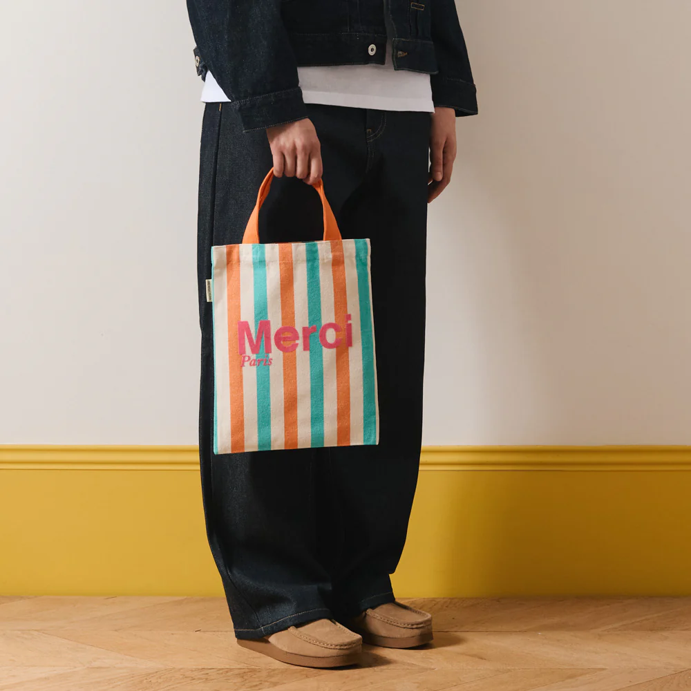 Merci - Tote Bag en coton rayé - Turquoise & Abricot - Image 3