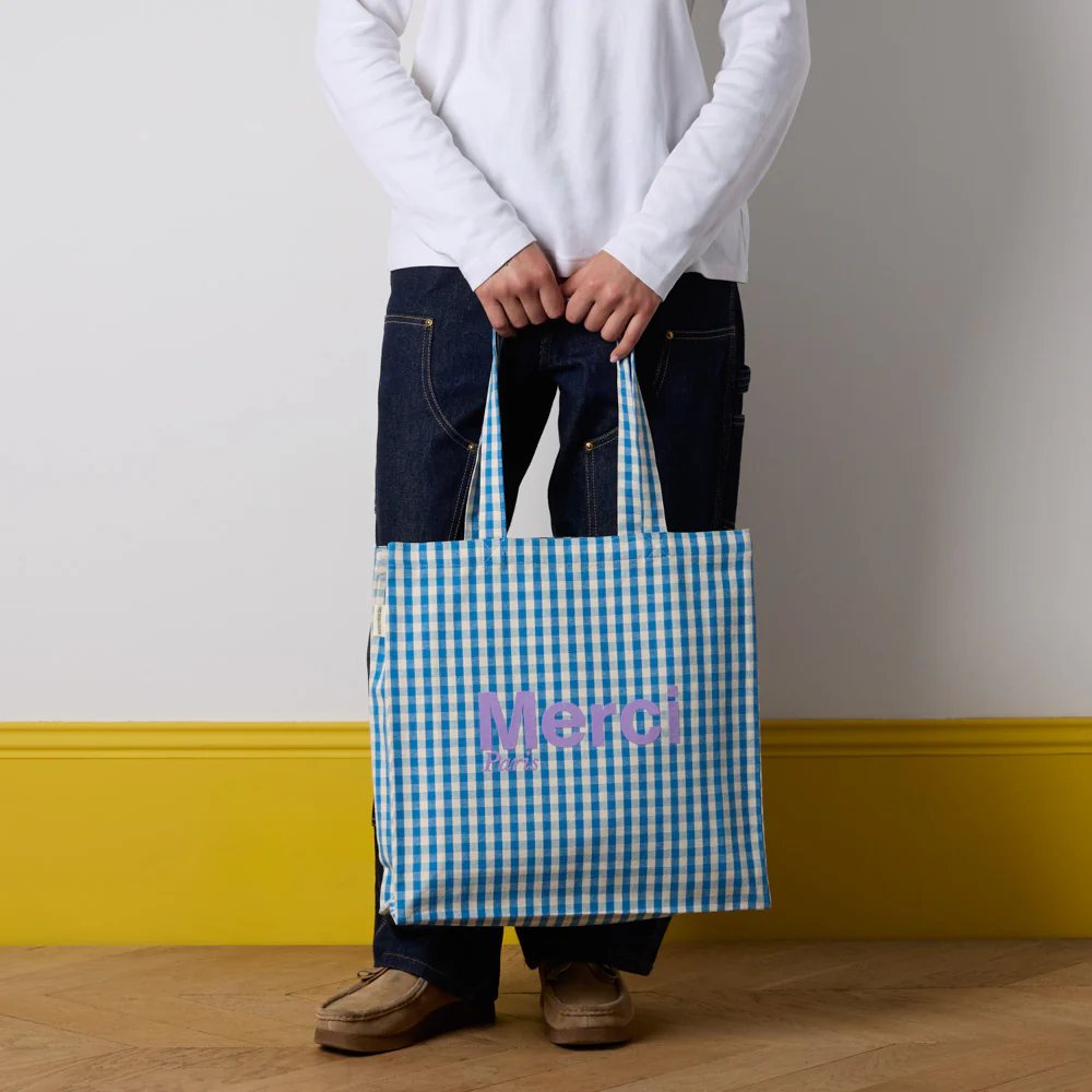 Merci - Tote Bag en coton Vichy - Bleu & Ecru - Image 2