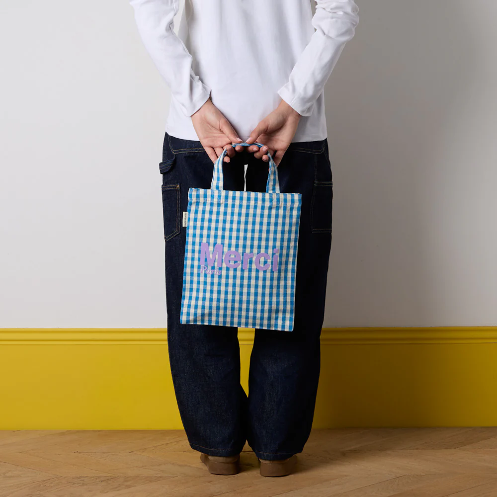 Merci - Tote Bag en coton Vichy - Bleu & Ecru - Image 3