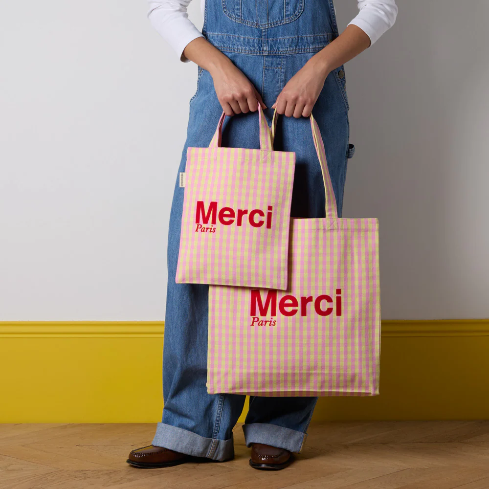 Merci - Tote Bag en coton Vichy - Rose & Jaune