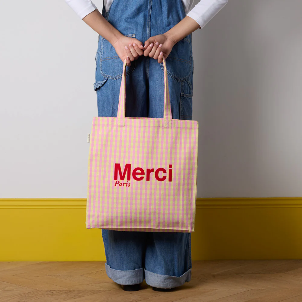 Merci - Tote Bag en coton Vichy - Rose & Jaune - Image 2