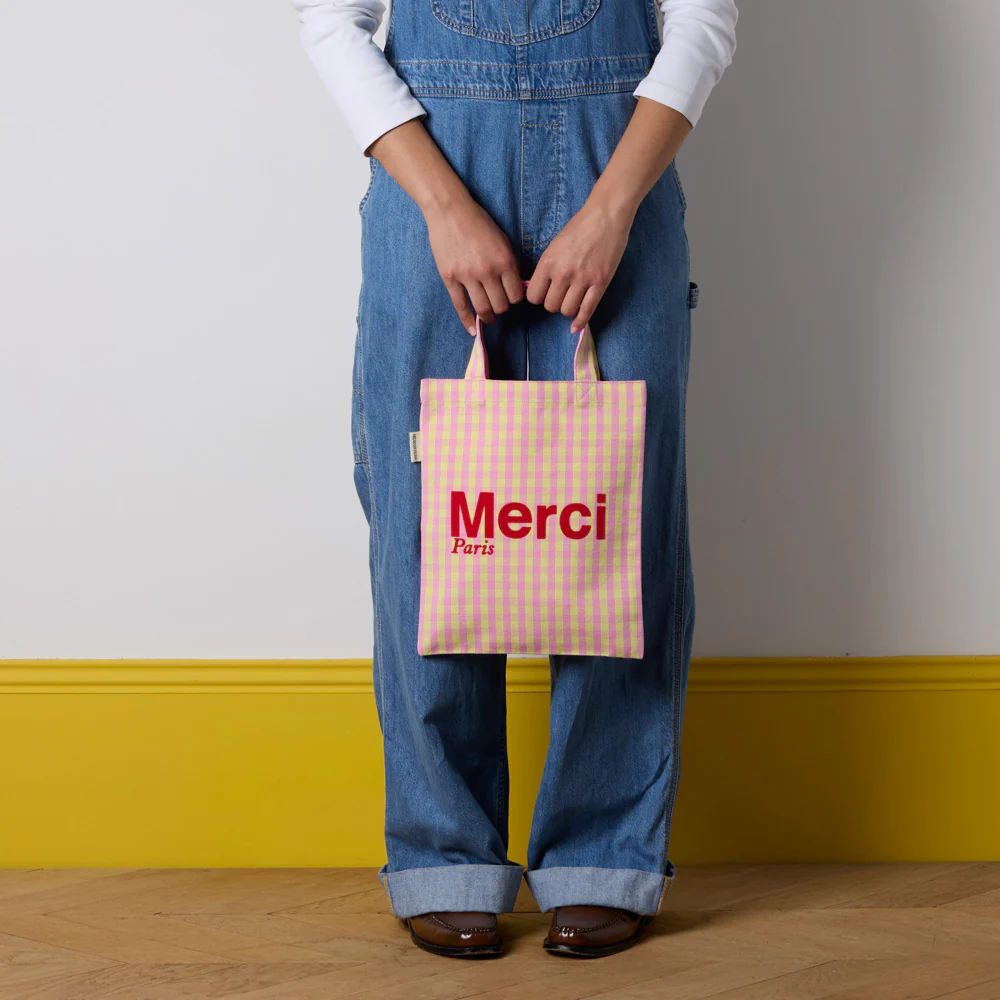 Merci - Tote Bag en coton Vichy - Rose & Jaune - Image 3