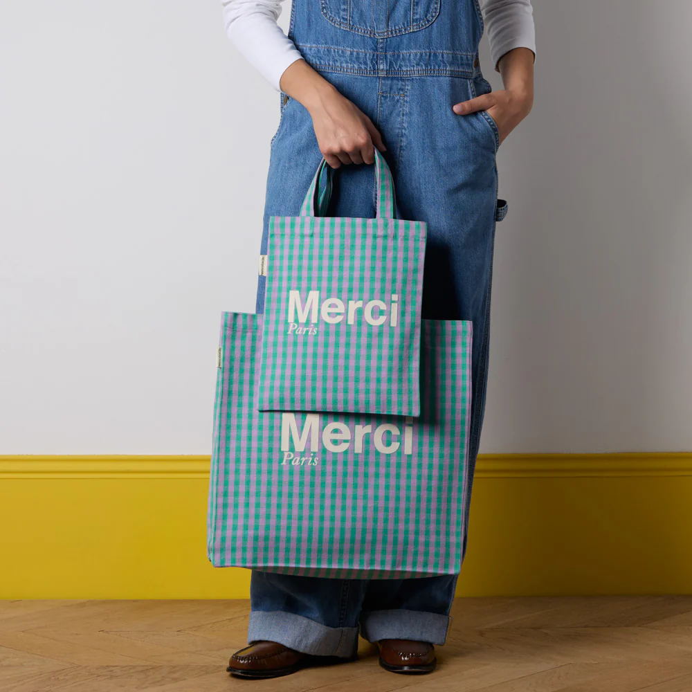 Merci - Tote Bag en coton Vichy - Vert & Lila
