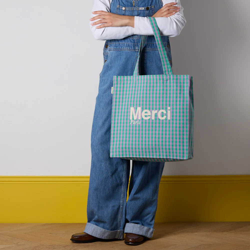 Merci - Tote Bag en coton Vichy - Vert & Lila - Image 2