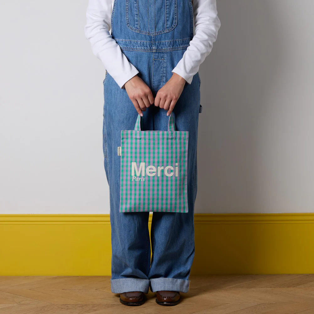 Merci - Tote Bag en coton Vichy - Vert & Lila - Image 3