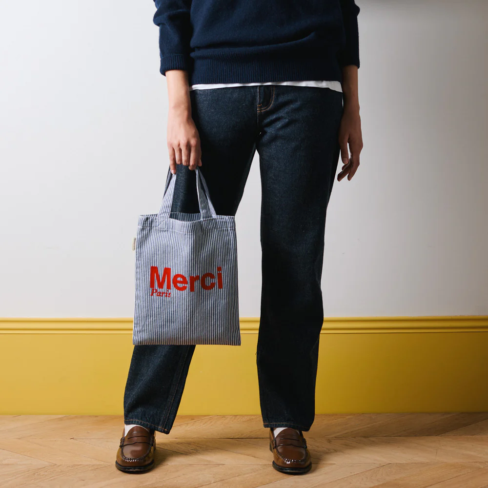 Merci - Tote Bag en Coton Hickory - Bleu rayé - Image 3