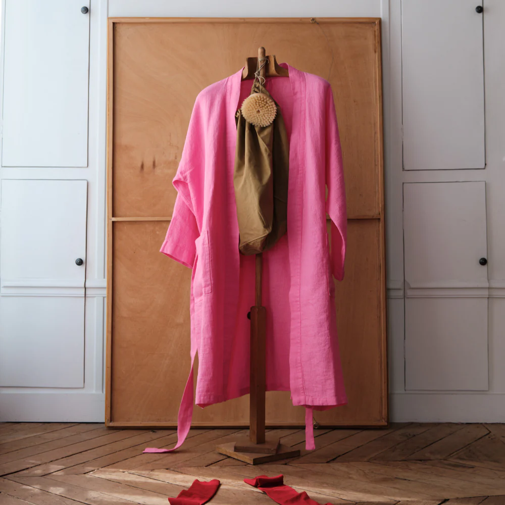 Peignoir en lin - Nid d'abeille - Rose Garance - Image 9