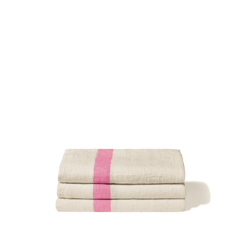 Serviette de bain en lin - Nid d'abeille - Bande Rose Garance - Image 2