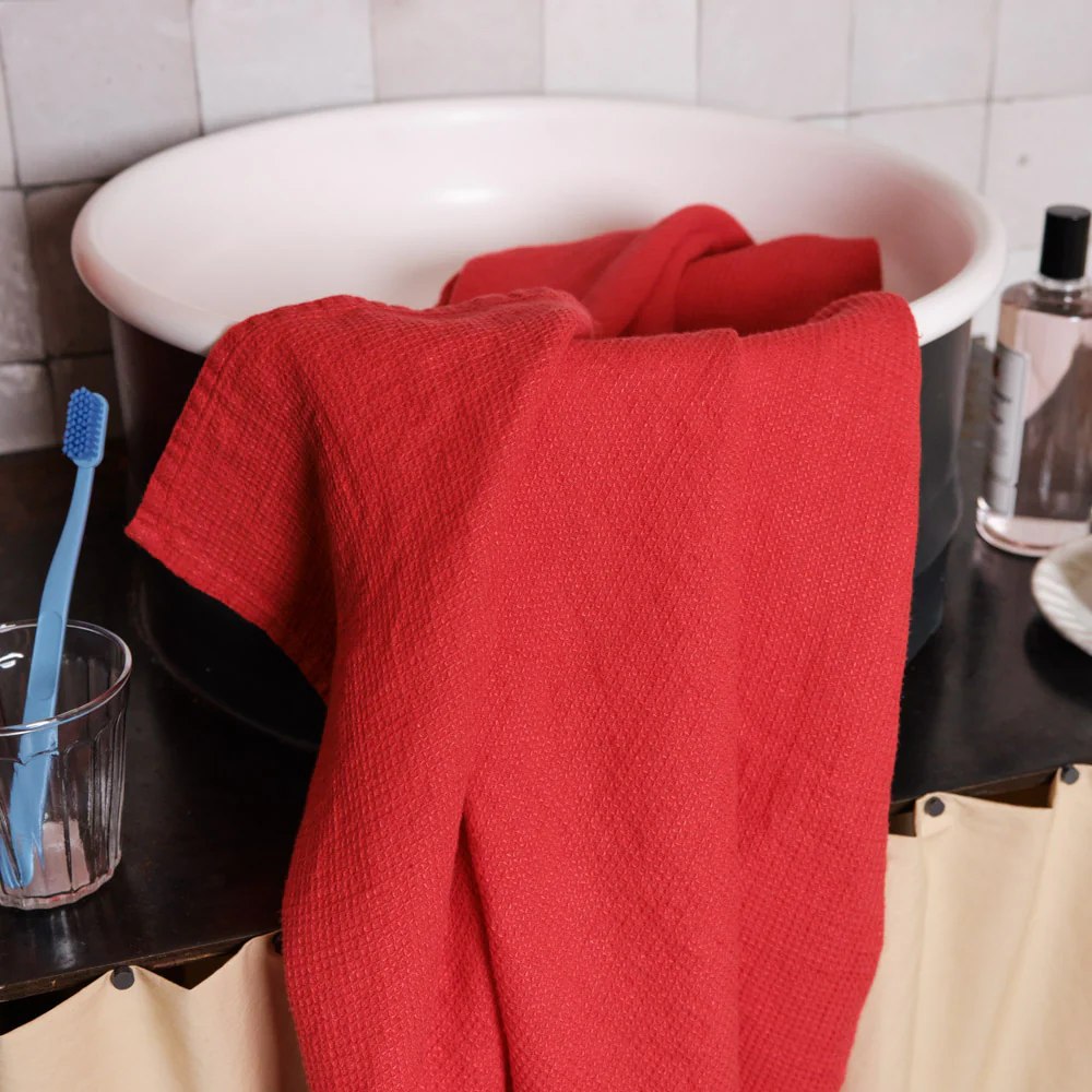 Serviette de bain en lin - Nid d'abeille - Rouge Vermillon - Image 8