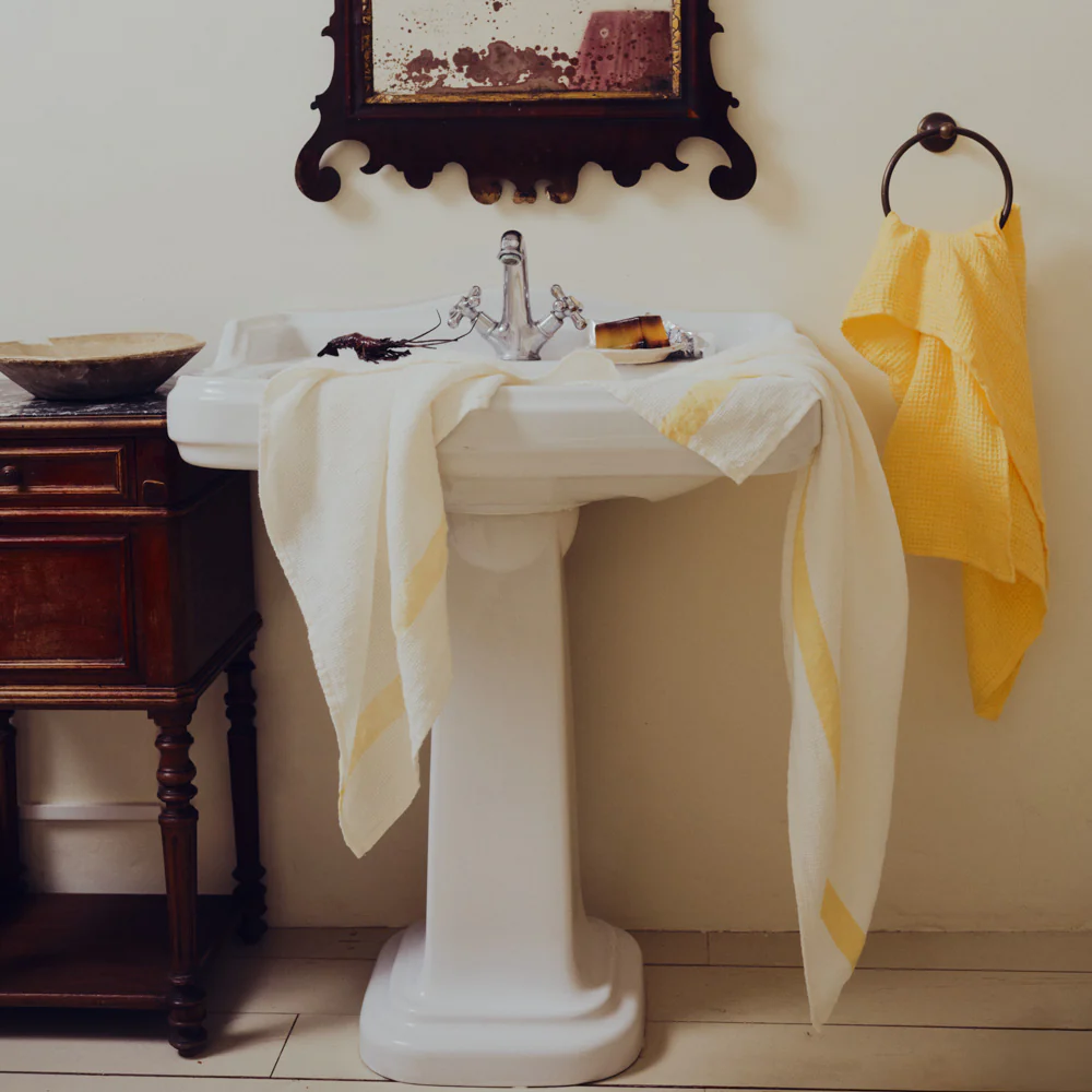 Serviette de bain en lin - Nid d'abeille - Bande Jaune Citronnade - Image 5