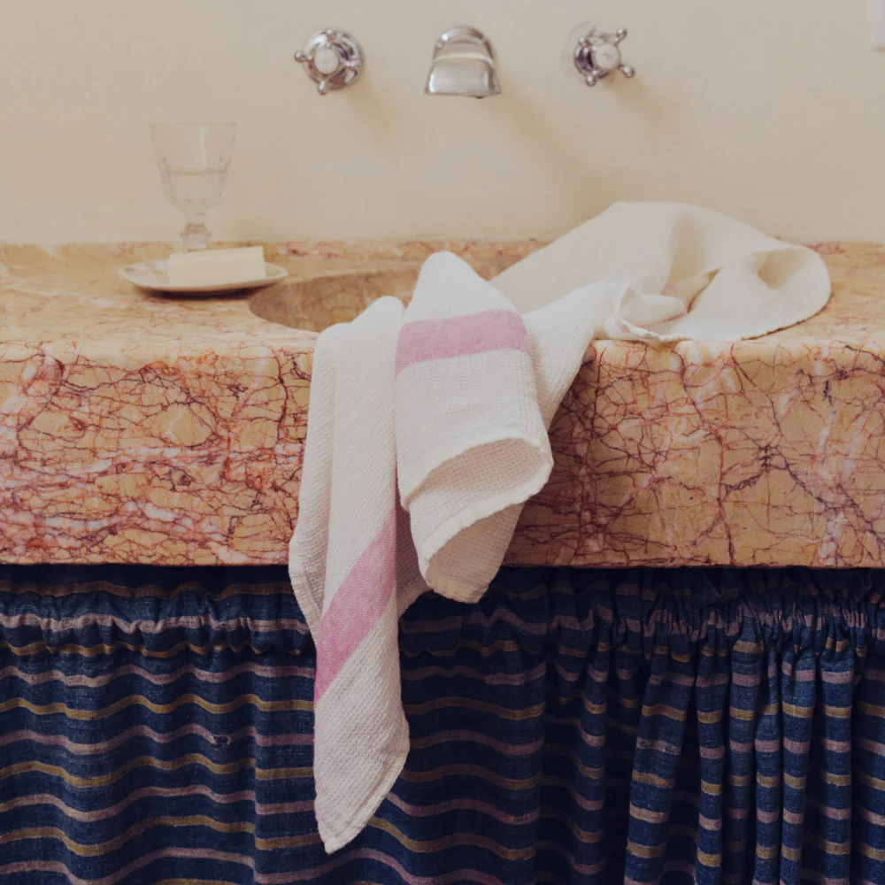 Serviette de bain en lin - Nid d'abeille - Bande Rose Granité - Image 4