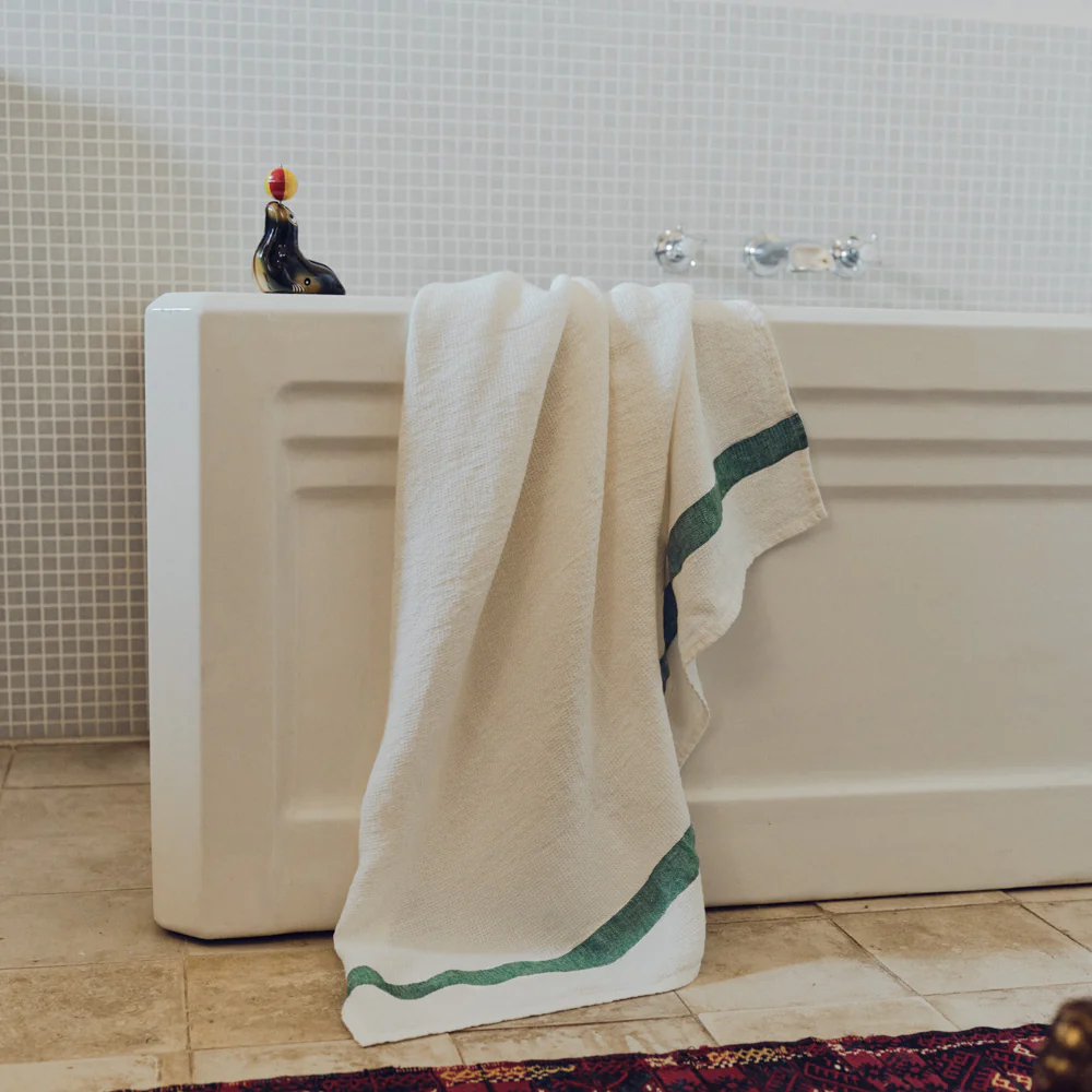 Serviette de bain en lin - Nid d'abeille - Bande Vert Potager - Image 5